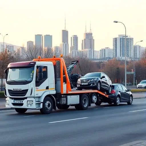 A modern tow truck pulling a stalled vehicle on a city street in front of the Yoshkar-Ola skyline, with clear sky and a sense of professionalism and reliability, no text or logos visible