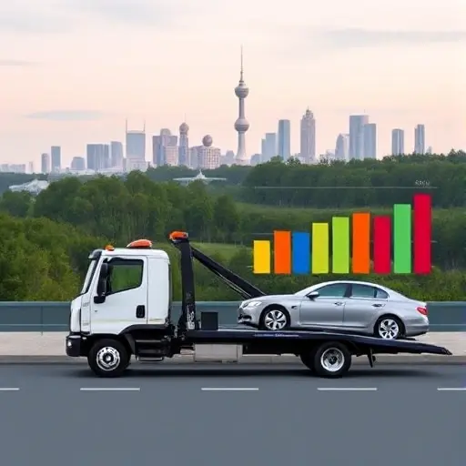 A tow truck parked in front of a recognizable skyline of Yoshkar-Ola, with a car being towed by the truck. In the background, a subtle, stylized price chart is depicted using color-coded bars and icons, but no text or numbers are visible. The scene conveys the concept of average towing prices without any written information.