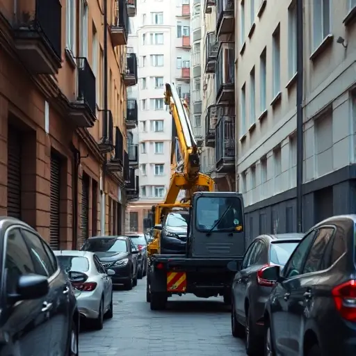 A compact manipulator tow truck (эвакуатор-манипулятор) navigating a narrow, cluttered urban alley in Moscow, with tight building walls and parked cars on either side, showcasing the vehicle's articulated arm reaching to lift a small car in the confined space. The scene is realistic, daytime, with muted city colors and subtle shadows, emphasizing the challenge of limited space.