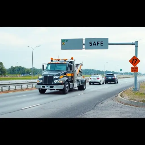 A tow truck parked on a highway with a driver in a reflective vest, a safety barrier and a clear road, a vehicle being towed, and a traffic sign indicating a safe zone, all depicted in a calm, professional setting without any text, letters, or digits