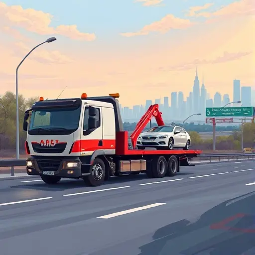 A realistic illustration of a tow truck parked on Andronovskoye Highway in Moscow, with a car being towed, city skyline in background, no text or signage visible