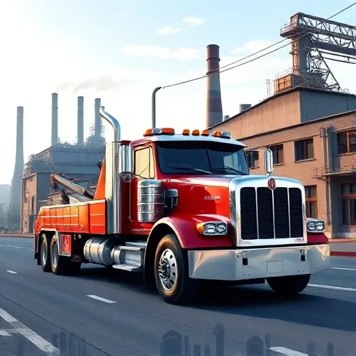 эвакуатор магнитогорск A realistic illustration of a modern tow truck parked on a street in Magnitogorsk, Russia, with industrial buildings and a clear sky in the background. The tow truck should be detailed, showing chrome accents and a visible towing hook, set against subtle hints of the city’s steel industry such as smokestacks or steel beams. The scene should capture the urban atmosphere of Magnitogorsk without any text, letters, or digits.