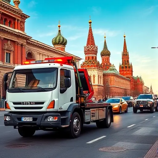 сайт эвакуатор москва A modern tow truck parked on a busy Moscow street, with recognizable Moscow architecture such as the Kremlin domes and red brick buildings in the background, under a clear sky. The scene shows the tow truck's hook and lights, emphasizing a professional service atmosphere, without any text or signage.