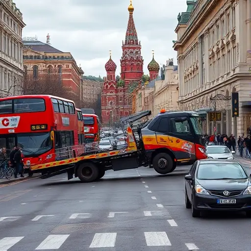 A tow truck being removed from a busy Moscow street, with iconic red double‑decker buses and the Kremlin in the background, showing a bustling urban scene with traffic and pedestrians, all in a realistic style