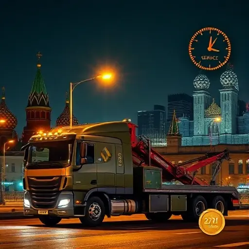A large cargo tow truck positioned in front of the Moscow city skyline at night, illuminated by streetlights. The scene includes a subtle glowing clock indicating continuous 24/7 service and a small coin or discount badge to suggest affordable pricing. The image is realistic and detailed, with no text, letters, digits, or brand logos.