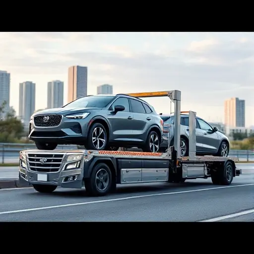 A modern towing truck with a sleek design, carrying a new car on a trailer, set against a city backdrop, no text or lettering, no people, no animals