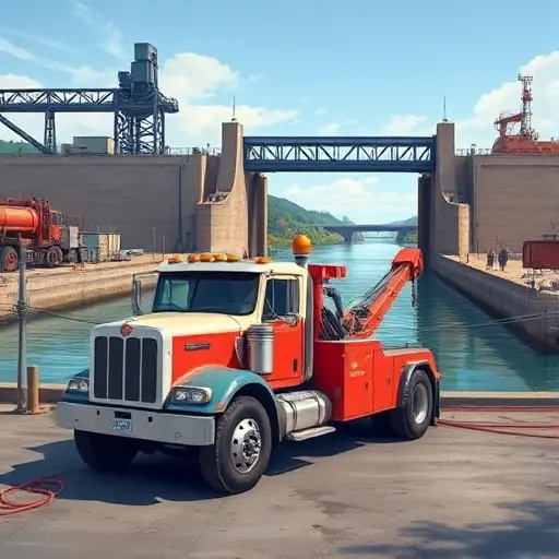Эвакуатор 1-й шлюзовый мост: Полное руководство A detailed illustration of a robust tow truck positioned near the first lock bridge, with the bridge spanning a calm river, industrial surroundings, clear sky, showing the tow truck's hook and cable ready to assist, realistic lighting and perspective, no text or signage
