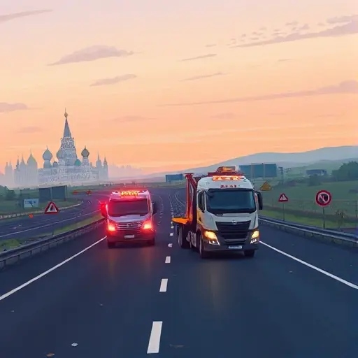 A realistic smallHQ illustration of a tow truck on a long Russian highway, with the Moscow skyline fading in the background on the left and the Vologda countryside on the right. The scene shows the tow truck assisting a damaged vehicle after a traffic accident, with road signs, scattered debris, and a subtle hint of emergency lights, all without any text or lettering.