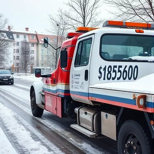 A tow truck parked in a snowy residential area of northern Moscow, with a price tag icon on its side, no text or digits, depicting a clear estimate of service cost before towing begins