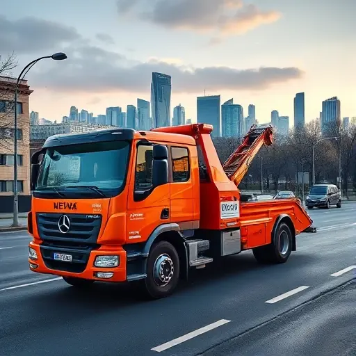 A realistic depiction of a modern tow truck parked on a street in Liannozovo, Moscow, with the city skyline in the background, showing the truck's bright paint and reflective surfaces, no people, no other vehicles, no animals, no text or signage
