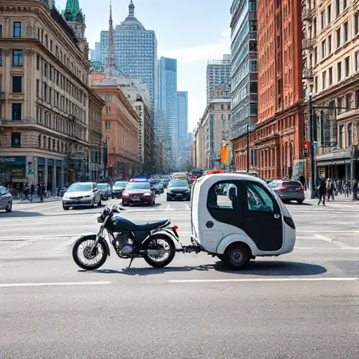 A bustling Moscow street scene featuring a compact motorcycle tow truck pulling a parked motorcycle, with recognizable Moscow architecture such as historic buildings and modern high-rises in the background, under a clear sky, realistic lighting, no text or signage
