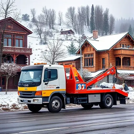 эвакуатор в улан удэ A tow truck parked on a street in Ulaanbaatar, Mongolia, with traditional Mongolian architecture and snowy winter scenery in the background. The tow truck is modern, with bright colors, and the city streets are lined with historic wooden houses and a few snow-covered trees. The scene captures the contrast between the modern vehicle and the traditional Mongolian environment.