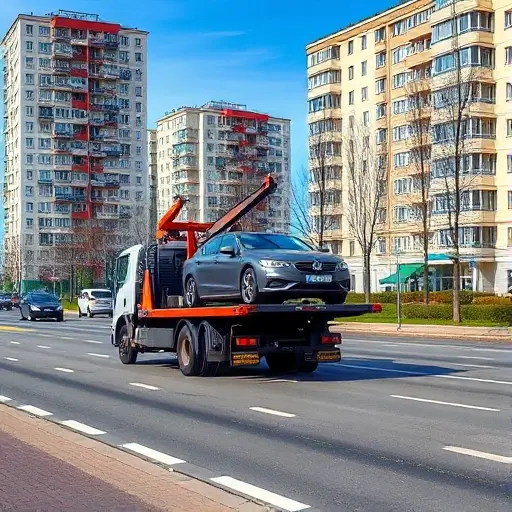 A realistic scene of a tow truck operating on a busy street in Eastern Moscow, with typical Moscow apartment buildings, a disabled car being lifted, and a clear sky