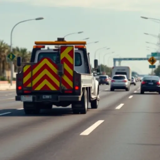 A realistic scene of a tow truck (evacuator) operating on a busy urban road, positioned in the first lane, with other vehicles yielding, road signs blurred, clear sky, conveying the idea of a guide for drivers, no text or symbols