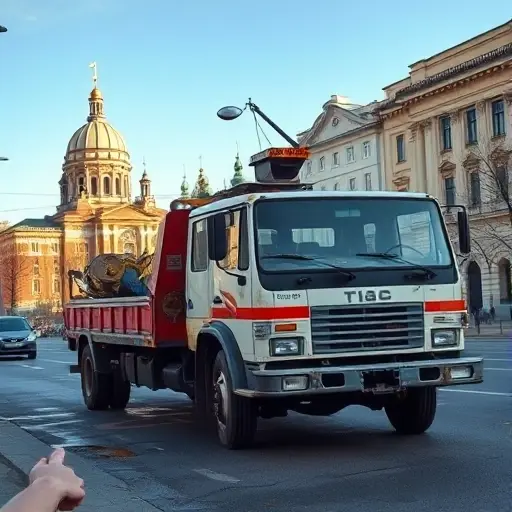 Покупка б/у эвакуатора в Москве и области A realistic scene of a used tow truck parked on a Moscow street, with recognizable Moscow architecture in the background such as the Kremlin dome and typical city buildings, the truck showing signs of previous use like slight wear and faded paint, a subtle hint of a hand inspecting the vehicle, under a clear sky, captured in a detailed yet compact composition