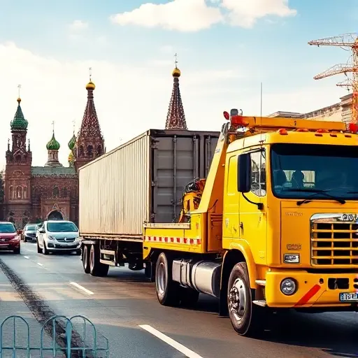 A realistic scene of a Moscow street with a bright yellow tow truck (evacuator) pulling a large cargo truck. The background features recognizable Moscow architecture such as the Kremlin domes and St. Basil's Cathedral under a clear sky. The road is busy with traffic, but the focus is on the tow operation, showing the tow truck's hook attached to the cargo vehicle. The composition emphasizes the size and power of the tow truck and the urban environment, without any textual elements.