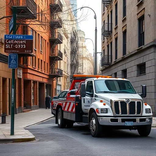 A realistic urban scene featuring a tow truck parked on a narrow city street. The tow truck is pulling a car, with a residential building on one side and a street sign indicating the address, but the sign has no visible text. Natural lighting, detailed textures, and a clear focus on the tow truck and the towed vehicle.