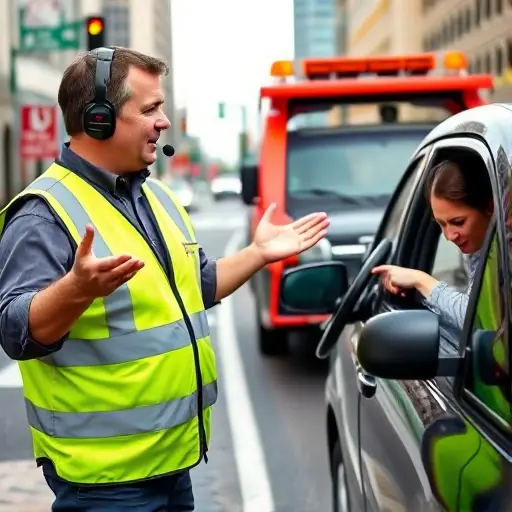 A calm tow truck driver in a busy city street, wearing a reflective vest and a headset, standing beside a stalled vehicle. The driver is using open hand gestures to de-escalate a tense situation with a frustrated driver, who is holding a steering wheel and looking upset. The scene shows a modern tow truck in the background, with traffic lights and a few cars passing by. The atmosphere is peaceful and professional, with no visible weapons or aggressive actions.