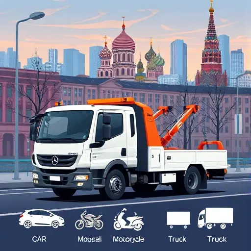 A realistic illustration of a modern tow truck parked on a Moscow street, with the city skyline in the background, and symbolic icons representing different vehicle types (car, motorcycle, truck) accompanied by price tag icons, all depicted without any text, letters, or numbers.