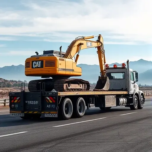 A robust platform tow truck with a low-slung flatbed carrying a large excavator, positioned on a highway with distant mountains under a clear sky, realistic lighting and detailed metal textures, smallHQ style