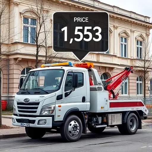 A realistic tow truck parked in front of a typical Tobolsk building, with a floating price list icon above it, no text or digits visible, in a clean, detailed style