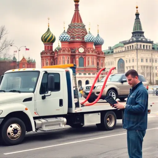 A realistic scene of a tow truck parked in front of a recognizable Moscow landmark, towing an SUV or minibus. The driver is holding a calculator, looking at it as if calculating the price. The image shows the tow truck, the vehicle being towed, the calculator, and the landmark in the background, all without any text, letters, or numbers.