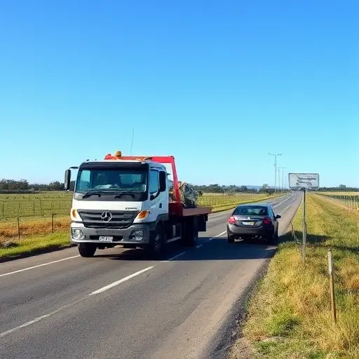 вызвать эвакуатор область A tow truck parked beside a damaged car on a rural country road, with a clear blue sky and no text or signage visible