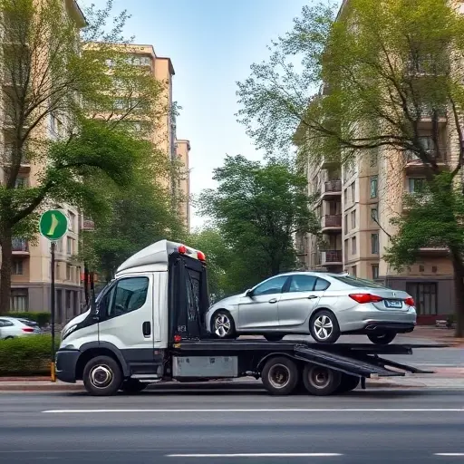 A realistic daytime scene in the South-Eastern district of Moscow showing a modern tow truck parked beside a small sedan that is being lifted onto the truck's platform, with typical Moscow apartment buildings and tree-lined streets in the background, clear sky, and subtle motion indicating the tow operation.