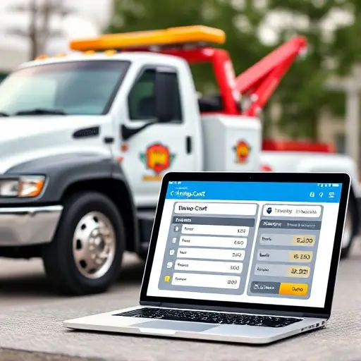 A tow truck parked beside a car, with a laptop or tablet displaying an online calculator interface for estimating towing cost, all in a clean, realistic style, no text or logos