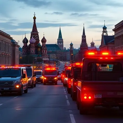 номер эвакуатора в москве A bustling Moscow street scene at dusk with several tow trucks parked along the curb, their bright yellow and red lights visible, set against the iconic skyline of Moscow in the background, including St. Basil's Cathedral and the Kremlin, rendered in a realistic style