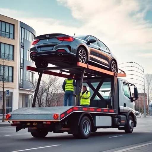 A modern tow truck (evakuator) in a clean urban setting of New Moscow, with a car securely lifted on the truck's platform using safety straps, a professional driver in a reflective safety vest, clear sky and well-lit streets, emphasizing safety and reliability of vehicle transport, realistic perspective, no text or logos