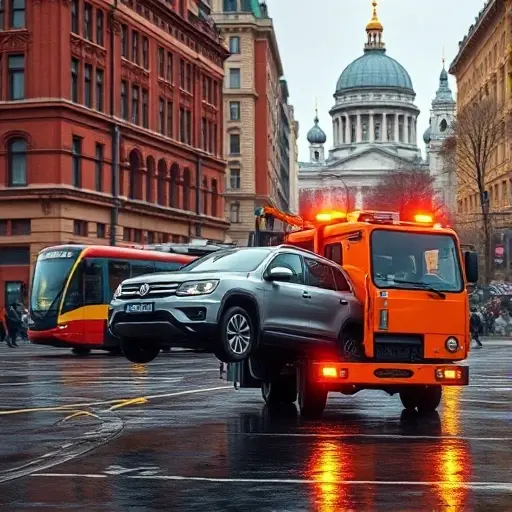 эвакуатор машин москва A realistic scene of a tow truck (evacuator) pulling a car on a busy Moscow street, with recognizable Moscow architecture such as a red brick building, a tram, and the distinctive skyline featuring the Kremlin dome in the background. The street is wet after rain, reflecting lights, and the tow truck is painted in bright orange with flashing lights, but no visible text or logos. The composition is dynamic, showing the tow truck in motion, the car being lifted, and the urban atmosphere of Moscow.