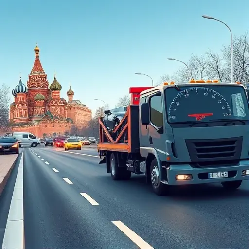 A realistic, high-resolution illustration of a modern tow truck parked on a Moscow street, with iconic city landmarks subtly visible in the background. The truck should be in motion, towing a car, with a clear view of the distance meter on the truck’s dashboard. The scene should emphasize the distance as a key factor, showing a road stretching into the distance with subtle distance markers. The overall composition should convey the idea of delivery to an auto service, with a clean, professional aesthetic and no visible text or numbers on the image.
