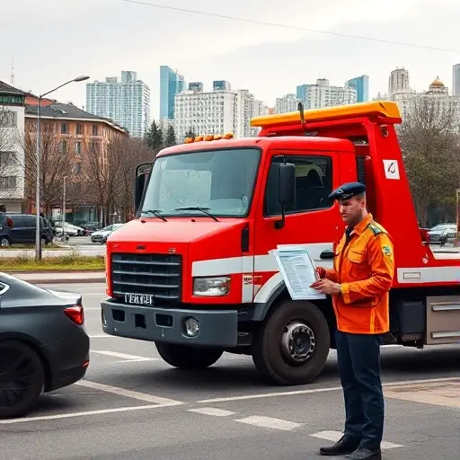 A bright red and white tow truck parked beside a car on a street in Volgograd, with a person in a uniform holding a stack of car documents, a cityscape of Volgograd in the background, all depicted without any text, letters or numbers