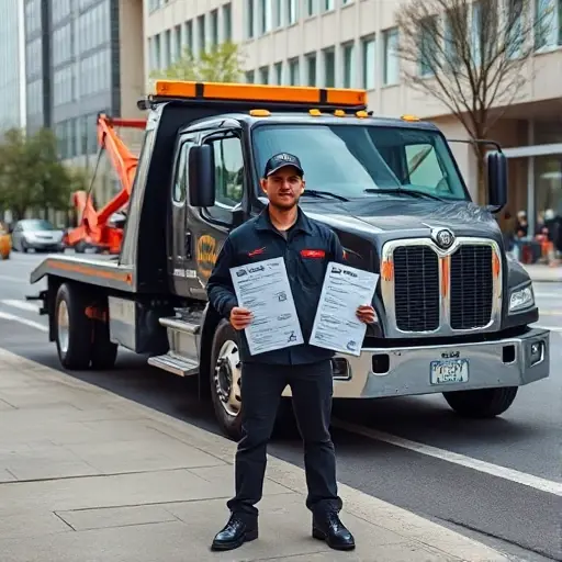 A modern tow truck parked on a city street with a professional driver in uniform standing beside it, holding official-looking license documents and permits that are clearly visible as generic certificates without any readable text or numbers, emphasizing the legitimacy and proper licensing of the service in a realistic, well-lit scene.