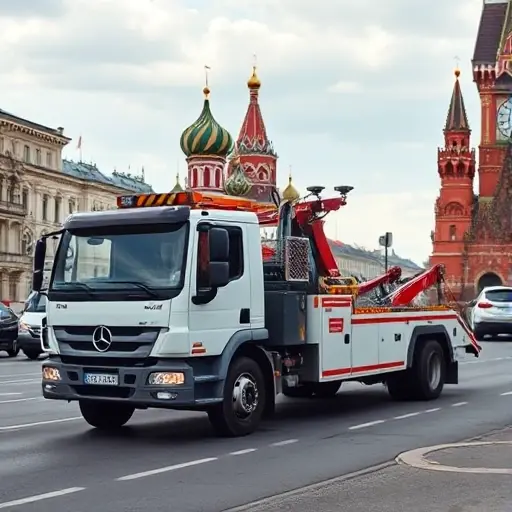 заказ эвакуатора москва и область A professional tow truck parked on a busy Moscow street, with recognizable Moscow architecture such as the Kremlin dome in the background and a subtle hint of the surrounding region, showing the vehicle ready for service, realistic lighting and details, no text or signage