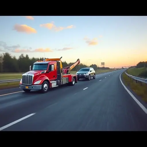 A realistic scene of a tow truck pulling a car on a highway, with a price tag icon on the truck's side, no text or lettering, no logos, no numbers, in a detailed, high-quality style