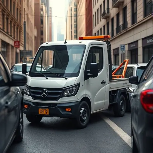 A compact, modern tow truck parked in a narrow urban street, maneuvering between parked cars with ease. The vehicle should be depicted from a slightly low angle to emphasize its maneuverability, with a clear view of its front and side panels. The background should show city buildings, street signs, and a few parked cars, all rendered in a realistic style. The scene should convey convenience and agility in tight city conditions, with no visible text or signage on the truck.