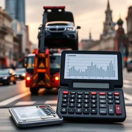 A tow truck lifting a car on a busy Moscow street, with the city's skyline in the background. Nearby, several open calculators display abstract graphs and charts, with no visible text, letters, or numbers. The scene emphasizes the comparison of functionality and accuracy in a realistic, detailed manner, using the smallHQ style.