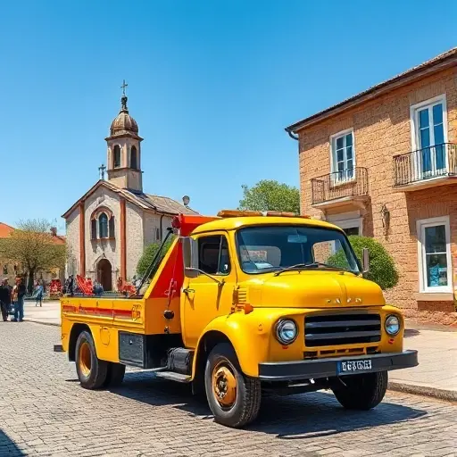 эвакуатор яхрома A classic yellow tow truck parked on a cobblestone street in Yakhroma, with the town's historic church and a small park in the background, under a clear blue sky, with a few people standing nearby, all depicted in a realistic style.