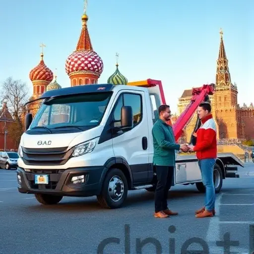 A modern tow truck parked in front of a recognizable Moscow landmark, such as the Kremlin or a typical Moscow street, with a clear emphasis on direct service – the truck driver shaking hands with a car owner, both smiling, conveying trust and no middlemen. The scene is bright, realistic, and focuses on the tow truck and the interaction, without any logos, signage, or text in the image.