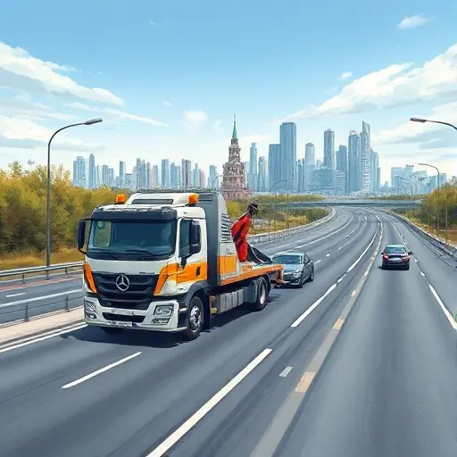 A realistic illustration of a tow truck parked on Vnukovskoye Highway in Moscow, with the city skyline in the background, traffic lanes, and a car being towed, all in a detailed, high-resolution style