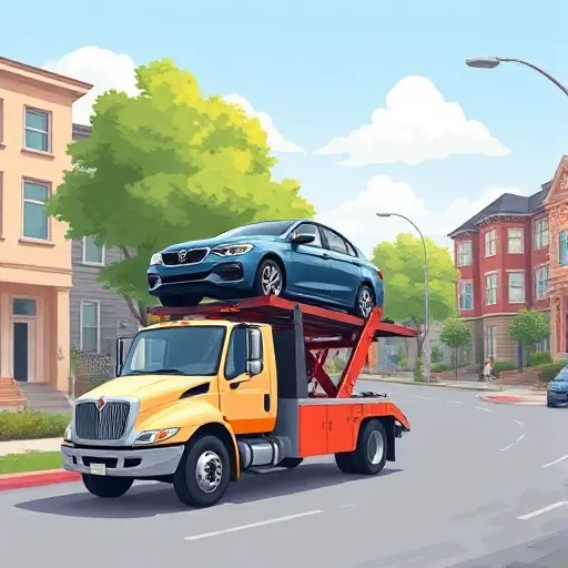 A realistic smallHQ style illustration of a tow truck working on a residential street, with the truck's boom lifting a parked car onto its platform. The scene shows typical urban buildings, trees, and a clear sky, conveying a calm city environment. No signage, letters, or numbers are visible.