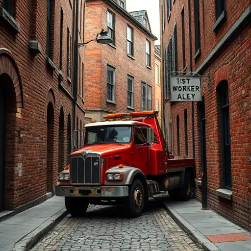A realistic depiction of a tow truck parked on a narrow cobblestone alley, with old brick buildings on either side, a street lamp, and a subtle hint of a street sign indicating '1st Worker Alley', but no visible text