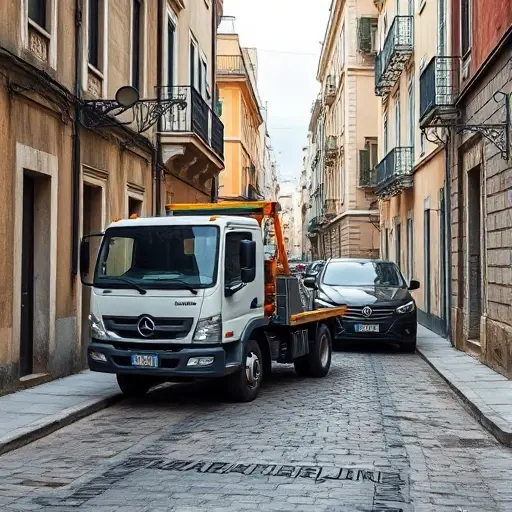 A realistic depiction of a tow truck parked on a narrow cobblestone alley named Baraban Street, with a car being towed behind it. The scene includes visible distance markers or a measuring tape indicating the transport distance, and a subtle cityscape background. The composition should emphasize the tow truck, the towed vehicle, and the distance measurement without any textual elements.