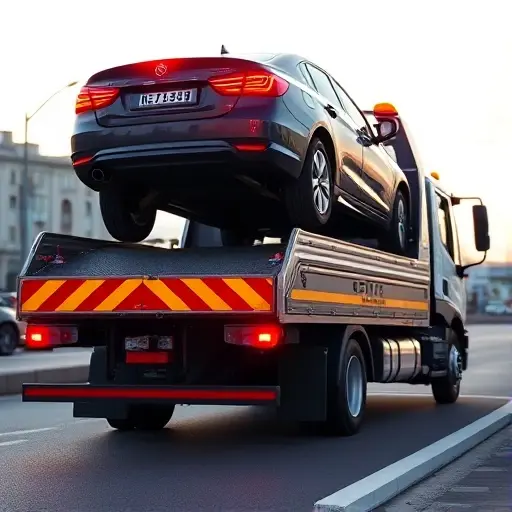 A bright, modern tow truck parked on a city street in Yoshkar-Ola, with its rear light bars illuminated and a car being lifted onto the truck's flatbed. The background shows a subtle cityscape with buildings and a clear sky, conveying a sense of quick response and professional assistance. The scene is dynamic yet clean, focusing on the vehicle and the act of towing without any text or lettering.