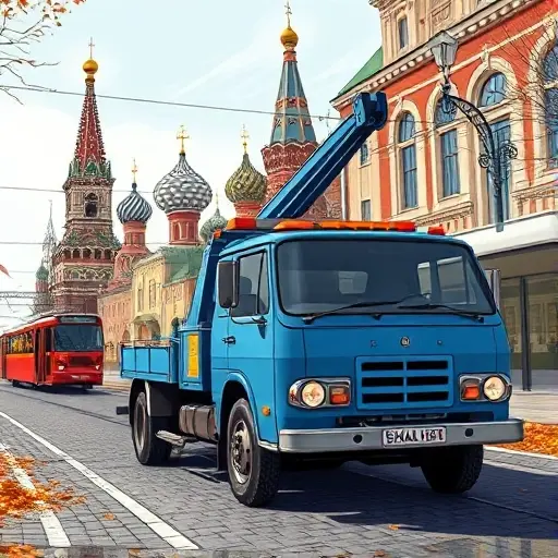 эвакуатор москва московская A detailed smallHQ illustration of a blue tow truck on a bustling Moscow street, featuring iconic city elements like the Kremlin towers and classic red tram in the background, with cobblestone road and autumn leaves, under a clear sky; the tow truck is central, showing its hook and lights, without any text or signage