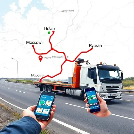 A tow truck parked on a road with a clear view of a map overlay showing the route from Moscow to Ryazan, a person holding a phone to the truck's driver, all depicted in a realistic, high-quality style without any text, letters, or digits in the image