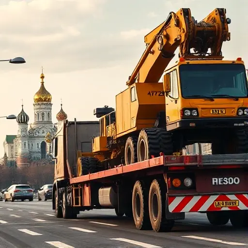 A detailed scene of a specialized heavy-duty tow truck (evacuator) in Moscow, pulling a large piece of construction machinery such as an excavator or crane onto a flatbed. The background shows recognizable Moscow city elements like the skyline with the Kremlin domes and typical urban streets, but without any signage or text. The focus is on the dynamic action of the evacuation, with realistic lighting and a slightly cinematic perspective.