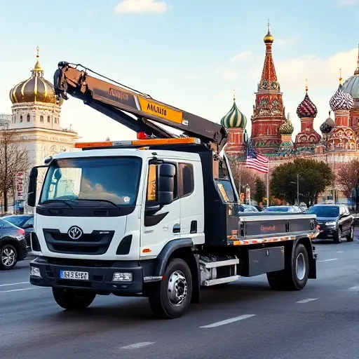 A modern tow truck equipped with a hydraulic manipulator arm parked on a busy Moscow street, with recognizable Moscow landmarks such as the Kremlin dome and St. Basil's Cathedral in the background, under a clear sky. The scene conveys professionalism and reliability, focusing on the vehicle and its equipment without any text or signage.